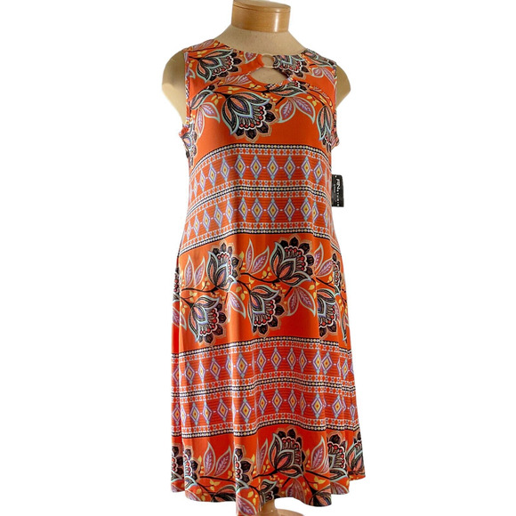 RN Studio Women's Large Orange Sleeveless Dress Floral Geometric Pattern New - Picture 1 of 13